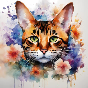 Watercolor illustration of bengal cat with a flower