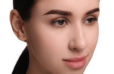 Fototapeta premium Beautiful young woman with healthy skin on white background, closeup