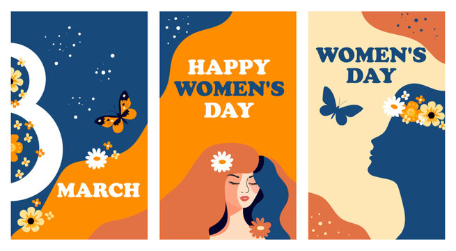 Women's Day. A set of cards with images of cute women, flowers and butterflies.
