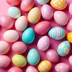 pattern of pastel Easter eggs on pink background.