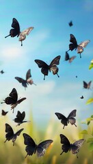 The image depicts a group of black butterflies flying over a field of green plants. The sky in the background is blue with white clouds.
