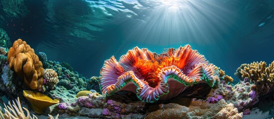 Underwater photography of vibrant marine life on a tropical coral reef, featuring a red saltwater clam (Ctenoides ales). - Powered by Adobe