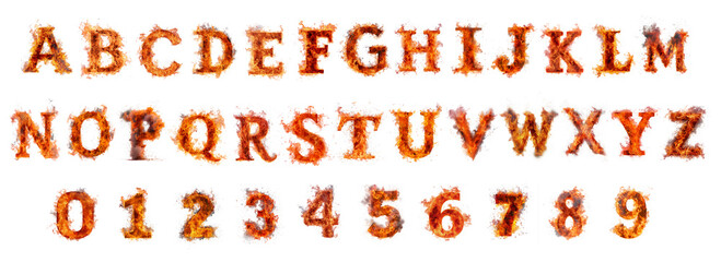 Fire and burning flames alphabet letters and numbers isolated on transparent background. - 730280593