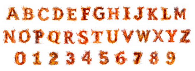 Fire and burning flames alphabet letters and numbers isolated on transparent background.