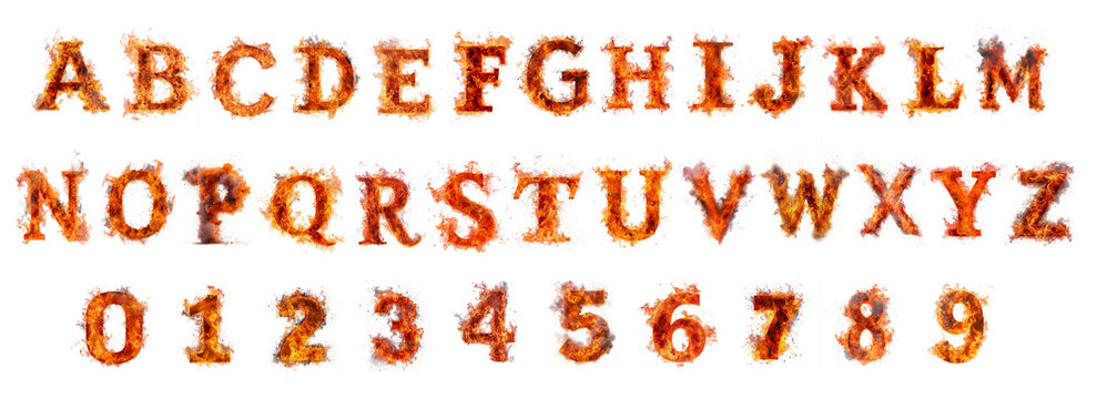 Fire and burning flames alphabet letters and numbers isolated on transparent background.