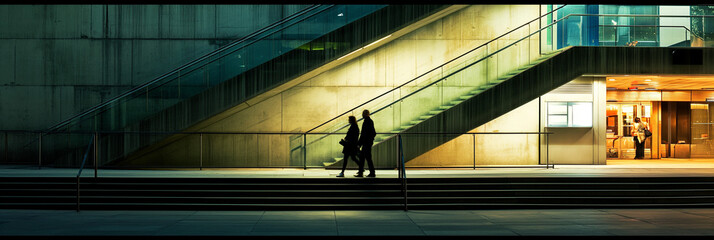 Silhouetted figures walking by a modern glass staircase in an urban setting, highlighted by dramatic contrast lighting