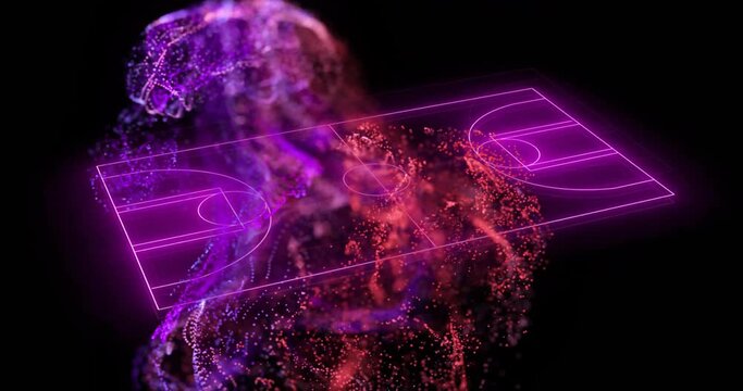 Animation of red and purple particle network over pink neon basketball court on black background