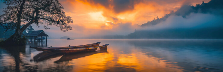 Traditional wooden boats on a misty lake with a fiery sunrise and lush hills in the background.