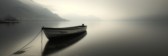 A tranquil monochromatic scene featuring a solitary boat on a glass-like lake with a misty mountain backdrop and a faint outline of a lakeside village.