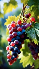 A close-up view showcasing a vibrant bunch of multi-colored grapes, indicating peak ripeness in a sunny vineyard.
