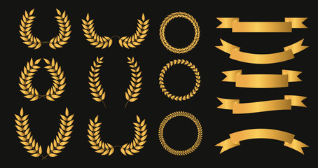 Set of golden ribbons, laurel wreaths of different shapes. Vector - obrazy, fototapety, plakaty
