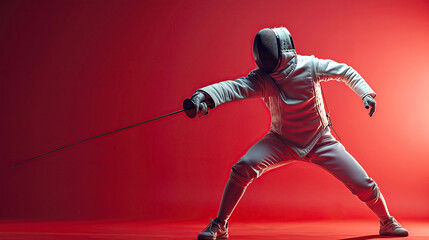 A fencer in protective equipment stands in competition stance with foil ready for competition, on plain red background