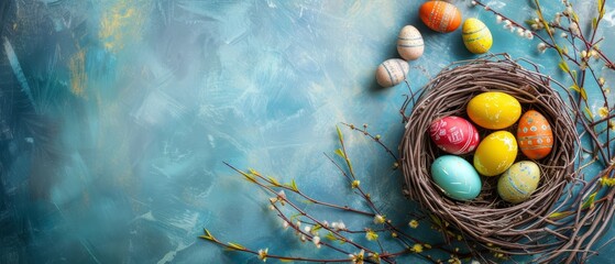 Fototapeta na wymiar A rustic nest filled with colorful Easter eggs on a textured turquoise background with copy space.