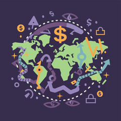 2d vector illustration colorful trading over the world map money bitcoin crypto 
