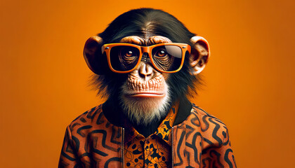 A highly stylized image of a chimpanzee wearing trendy orange sunglasses and a patterned shirt against a bright orange background gives it a cool and whimsical feel. Animal portrait concept. AI genera - obrazy, fototapety, plakaty