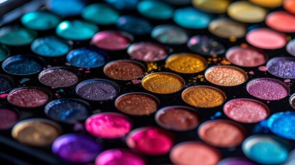 Obraz na płótnie Canvas A makeup artist's palette with an array of vibrant eyeshadows and blushes, inviting creativity and experimentation in cosmetics