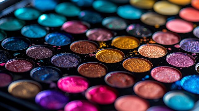 A makeup artist's palette with an array of vibrant eyeshadows and blushes, inviting creativity and experimentation in cosmetics
