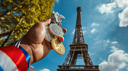 The athlete's hand holds gold, silver and bronze medals, against background of Eiffel Tower, Summer Olympics in Paris