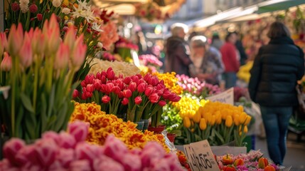Fototapeta na wymiar A bustling flower market scene featuring an array of colorful tulips and various spring flowers, with shoppers in the background. Resplendent.