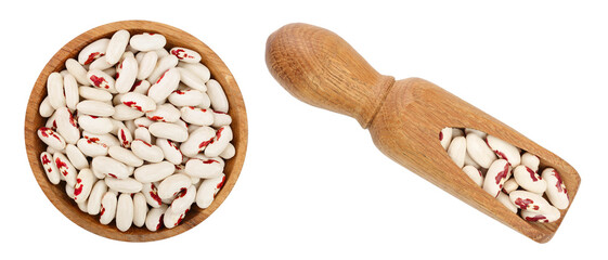 variegated kidney bean in wooden bowl and scoop isolated on white background. Top view. Flat lay