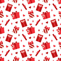 Seamless pattern of gift boxes on a background of stars and hearts. Vector illustration in flat style