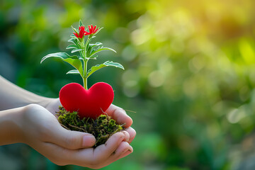 Hands holding red heart shaped and plant. World Environment Day.