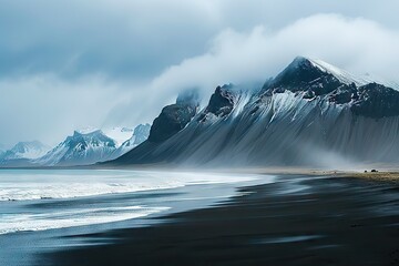 Fototapeta premium incredible views of the mountains from a black beach in Iceland
