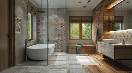 Fototapeta premium A bright and spacious bathroom with free-standing bath, set against backdrop of wood accents on walls. Interior design