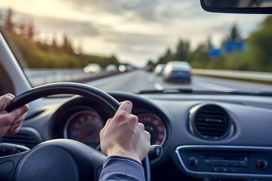 Man hands of car driver on steering wheel for road trip on highway road.