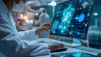 A doctor is using a laptop with a digital interface on the screen.