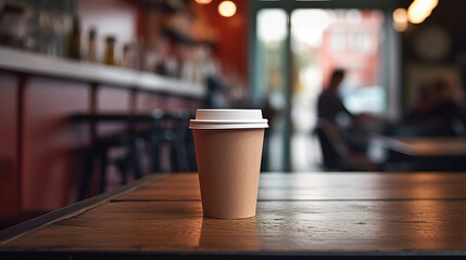 Paper cup of coffee on a wooden table in a coffee shop. Space for text and design.