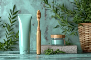 A set of organic oral care products. Eco-friendly still life with bio toothpaste. The concept of natural dental hygiene - obrazy, fototapety, plakaty