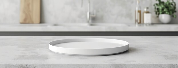 white round tray for products display on kitchen sink background