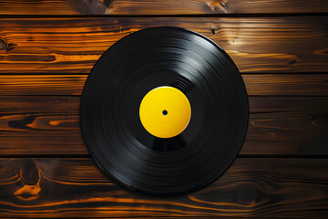 close up of a vinyl record on a wooden table. vintage music