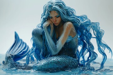 A beautiful long-haired mermaid who came out of the sea