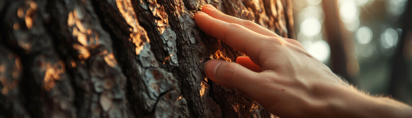 a person's hand gently touching a tree bark, feeling the texture, connecting human and nature