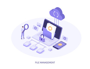 File management concept. Character search, share and secure transfer documents, folders and other data from devices in cloud database storage. Isometric vector illustration.