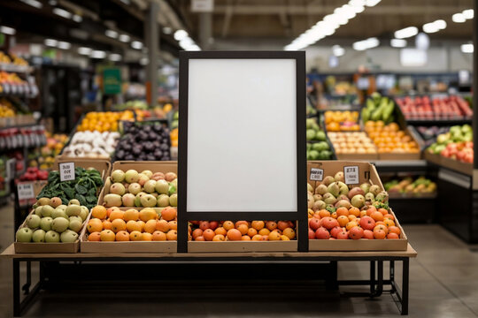Fresh produce section in grocery store with organic fruits and vegetables neatly displayed. Healthy eating concept. Farm-fresh offerings