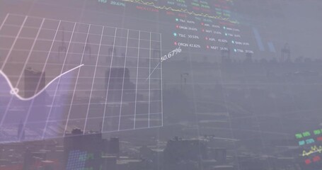 Animation of charts and graphs processing data over misty cityscape - Powered by Adobe