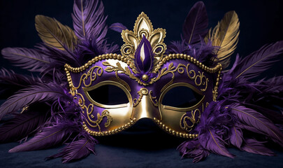 Gold carnival mask on purple for Mardi Gras, purple and gold masquerade mask on dark blue, and gold Venetian mask on purple satin with shiny streamers