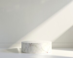 Elegant white marble podium with a play of light and shadows, adorned with subtle botanical elements for sophisticated product displays