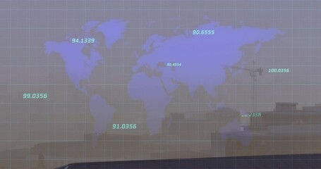Animation of processing data and blue world map over misty cityscape - Powered by Adobe