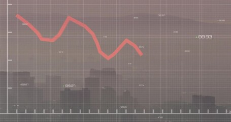Animation of red graph processing data over misty cityscape - Powered by Adobe