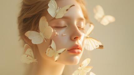 Sensitive portrait of a young girl with a butterfly flying around her face. Beautiful face with butterflies in light colors