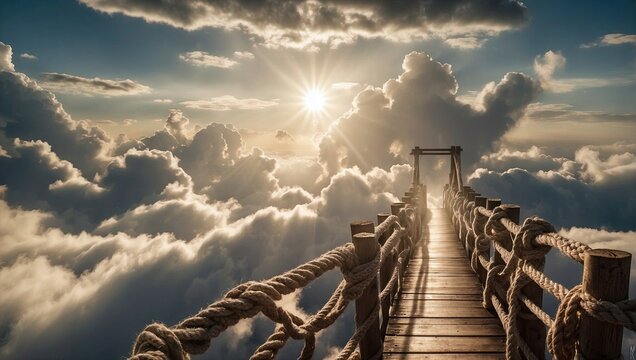 Fototapeta Ethereal rope bridge in the clouds, leading to a mysterious, sunlit destination above a heavenly landscape.