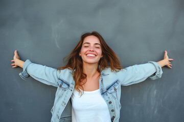 Happy woman smiling with open arms for hug.
