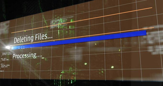 Animation of deleting files, processing text on interface over server room