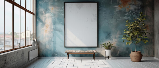 room with a empty white picture frame. On old light blue plaster wall. With a bench and a plant. Area for text and images . - obrazy, fototapety, plakaty