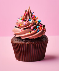 chocolate cupcake on pink background