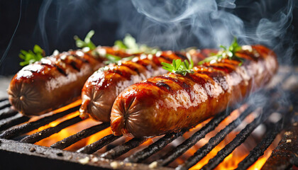 barbecue sausage on fiery grill with smoke, symbolic of outdoor cooking and savory flavor